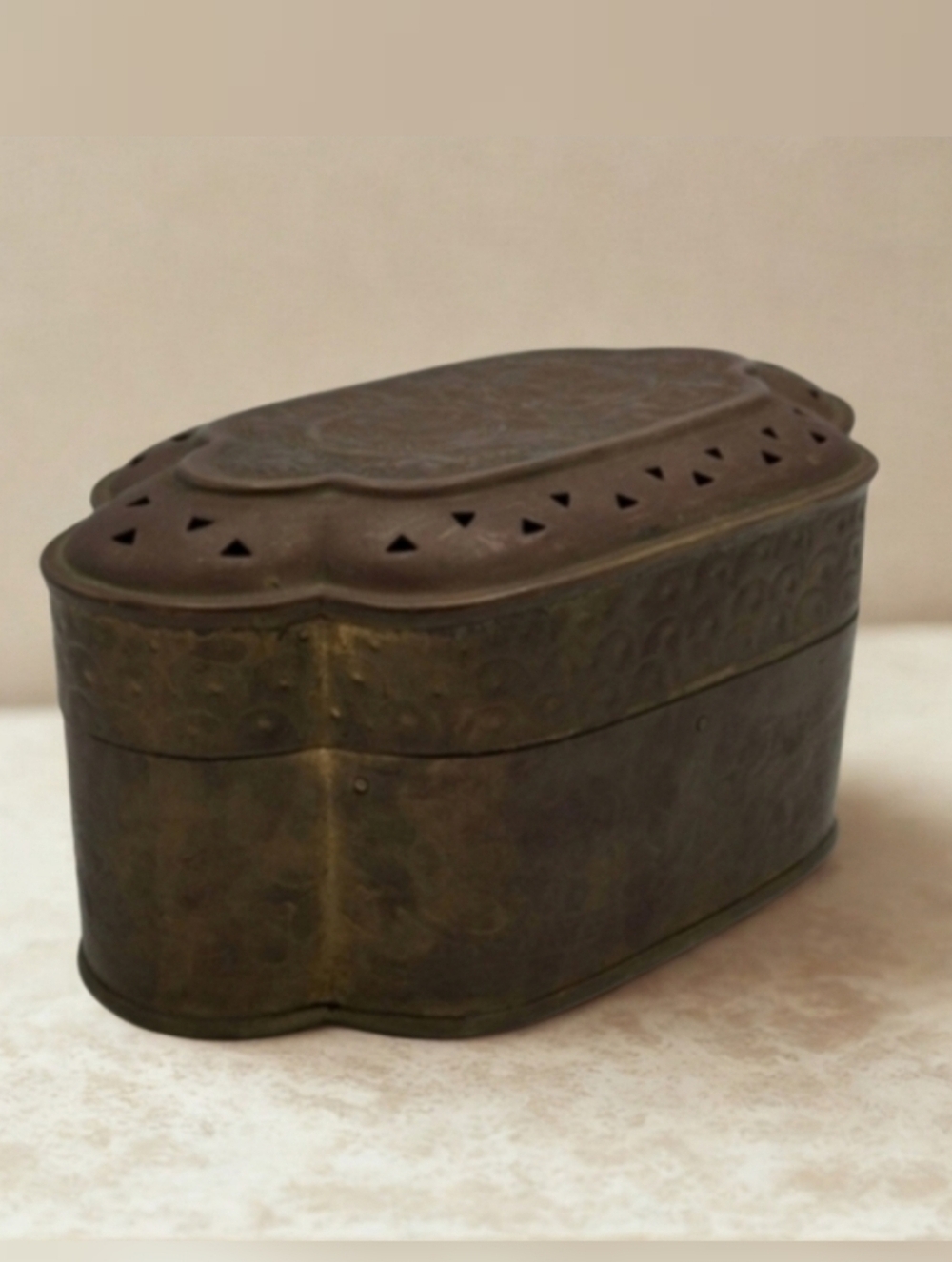 Vintage Pierced Brass Cricket/Incense Box • Large 8" Wide